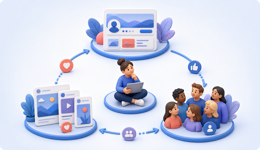 Facebook content, post reactions and a follower community work together around one page
