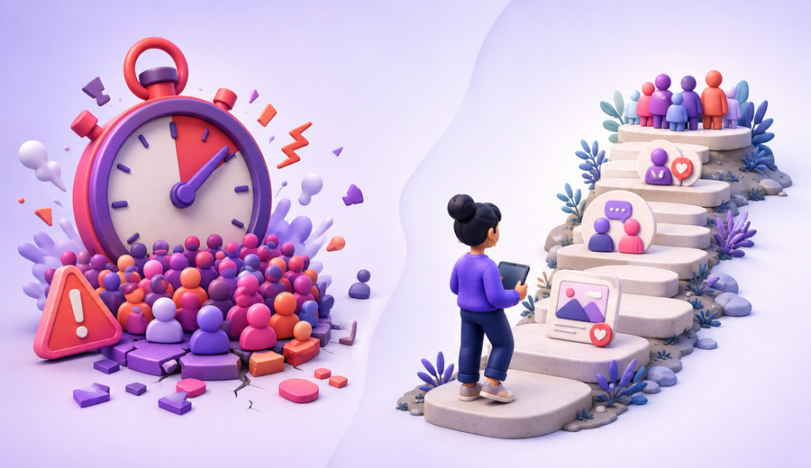 An unstable instant follower promise is compared with a gradual content and community growth path