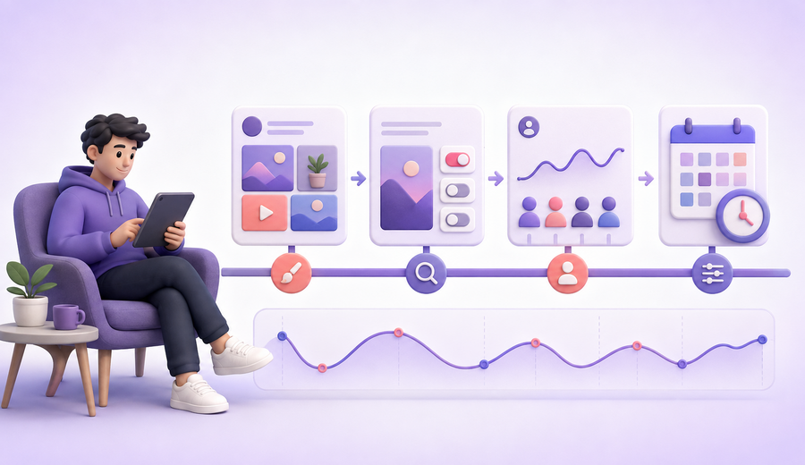 A creator improves content, tests visibility, monitors follower changes and adjusts campaign pacing