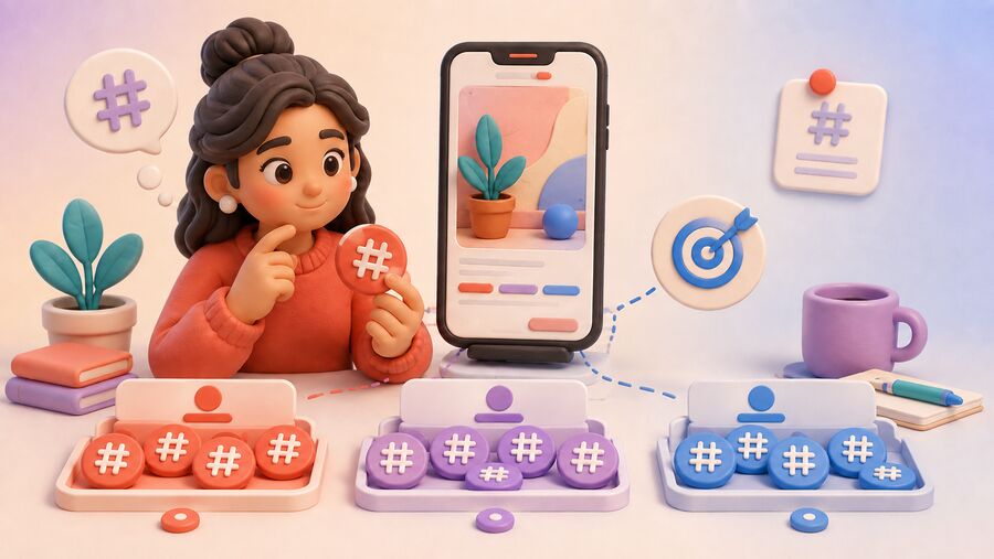Creator organizing hashtags by niche, content topic and broader context for a vertical video