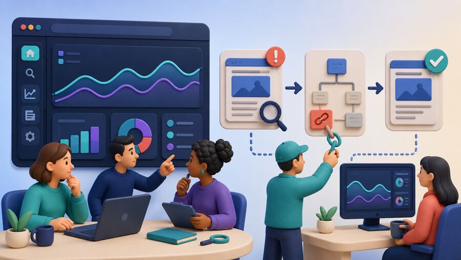 Website team diagnosing search trends, repairing an internal-link problem and continuing to monitor performance
