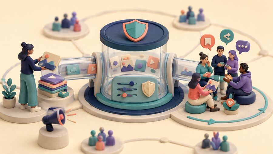 Creator content passing through a controlled exposure hub before reaching people who voluntarily discuss, save and revisit it