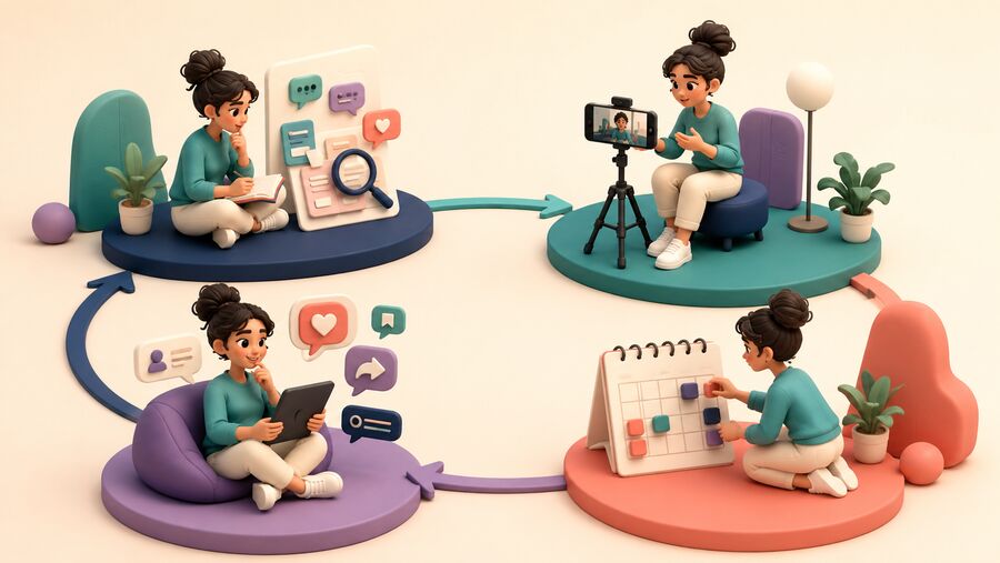 Creator researching audience questions, recording content, publishing consistently and studying feedback in a continuous loop