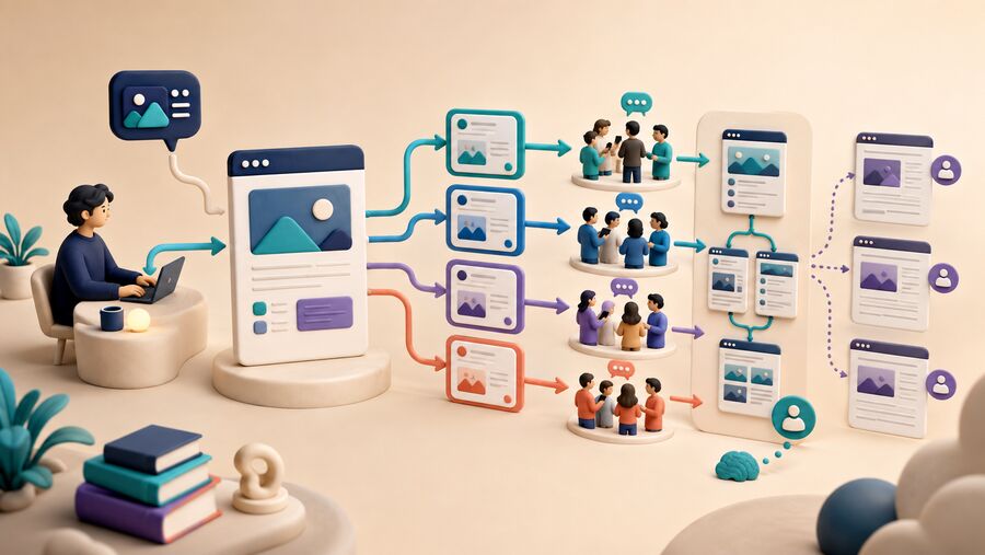 Useful website content distributed to relevant social communities, leading to visits, brand memory and independent references