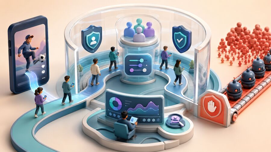 Public short video entering a paced community exposure system with monitoring and safeguards while automated traffic is blocked