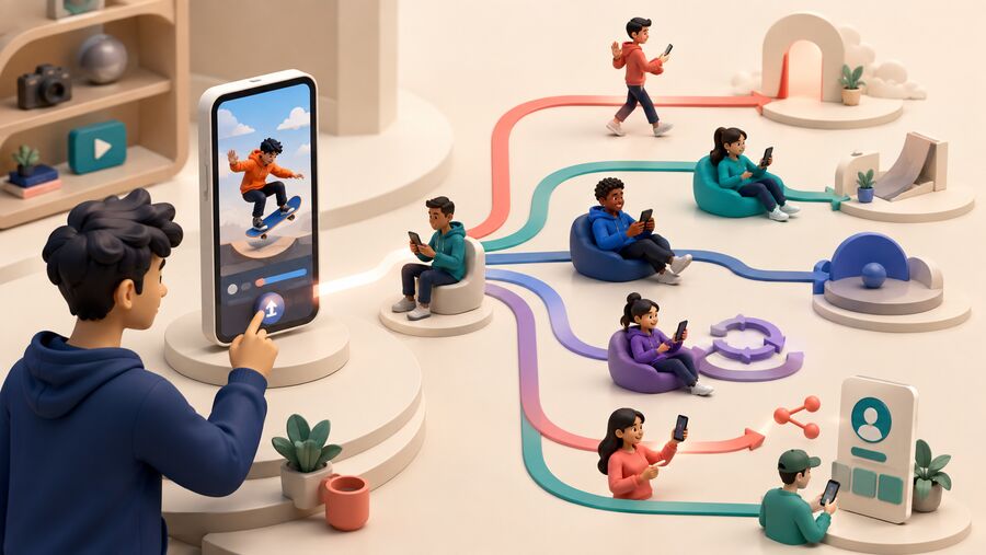 Creator video leading real viewers toward different behaviours including leaving, watching, replaying, sharing and visiting the profile