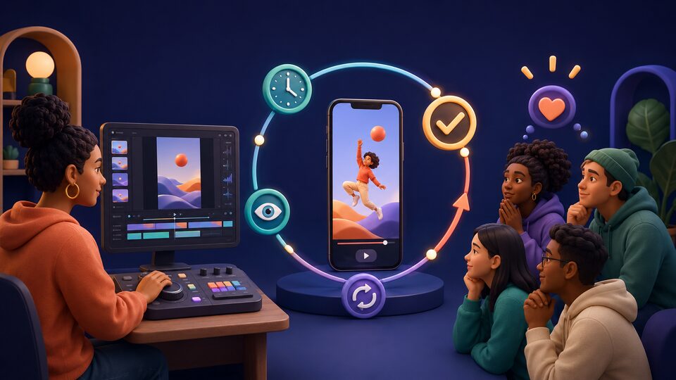 Creator editing a short video while viewers remain attentive through a completion and replay loop