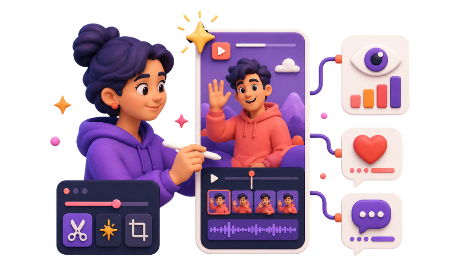 A creator improves a reel while views, likes and comments work together as audience signals
