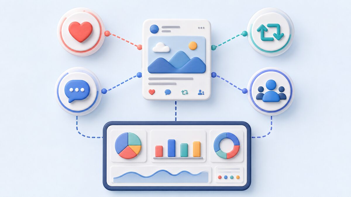 Diagram connecting likes, replies, reshares and followers with content analytics