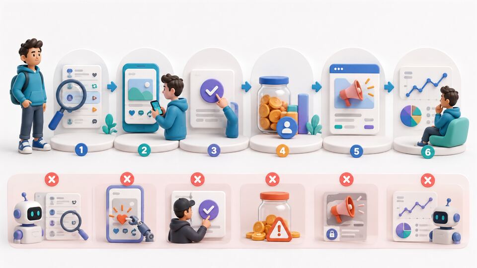 Six-step responsible participation workflow with account safety and campaign controls