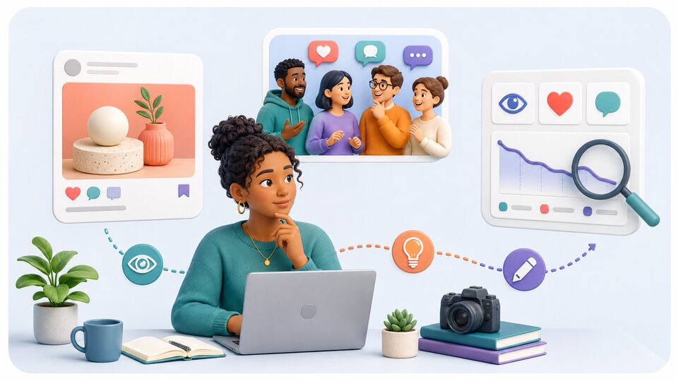 Creator reviewing content quality, audience response, and performance measurements before improving a strategy