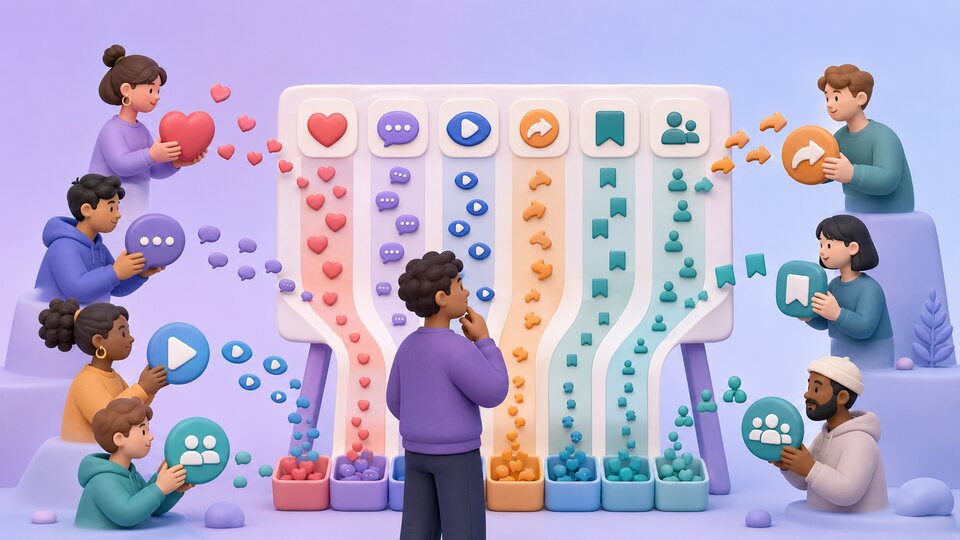 Different public engagement signals arranged around content, a profile, and community participation