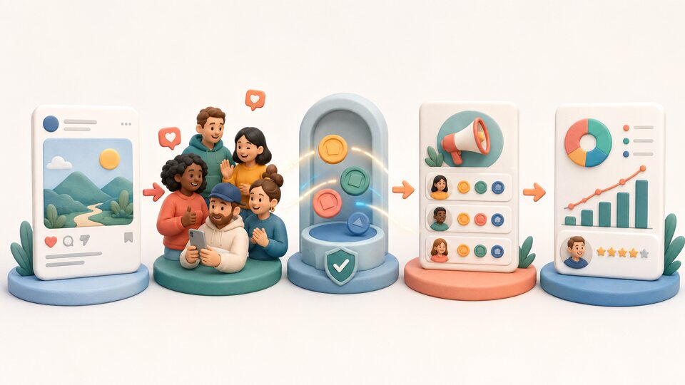Five-stage community engagement exchange workflow from public post to review