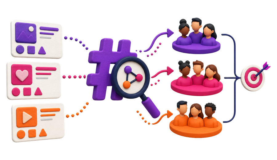 Content cards are matched with relevant audiences through hashtags and discovery signals