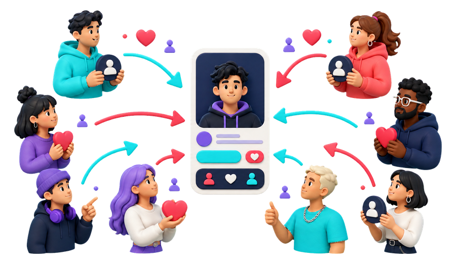 Community members exchanging participation for gradual TikTok follower exposure