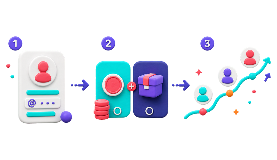 Three-step TikTok follower setup from username and plan choice to gradual audience growth