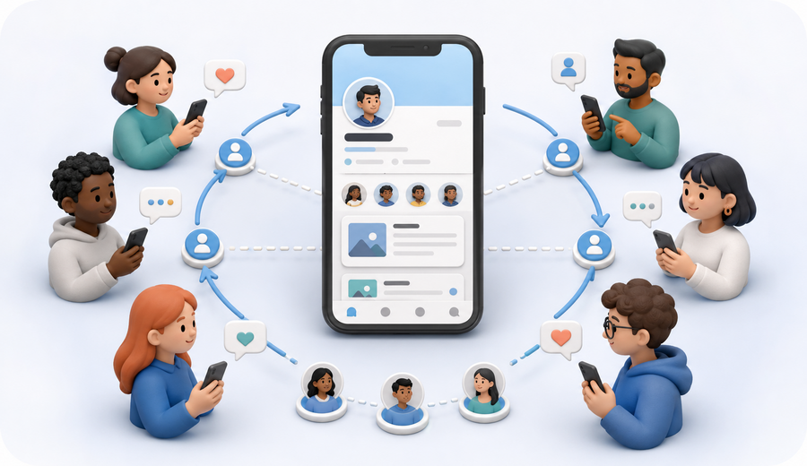 A public microblog profile moves through structured participation from real community members