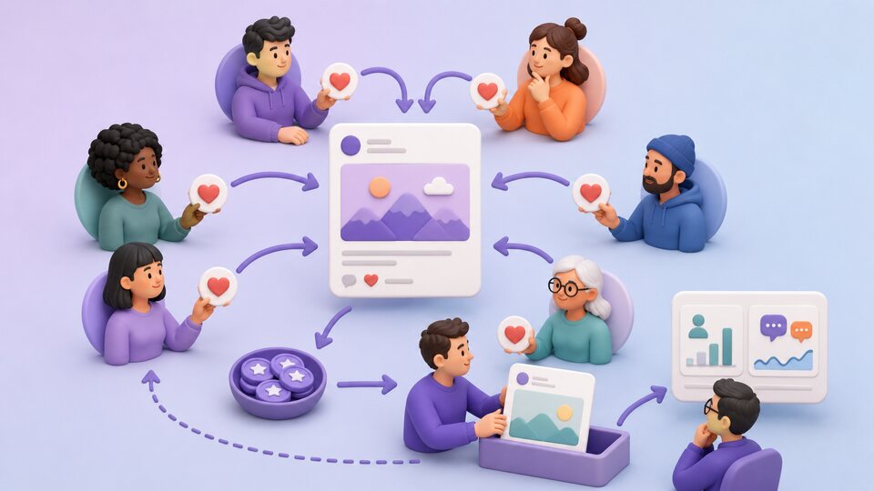 Real community members individually liking a public post, earning credits, and adding another public post to the exchange