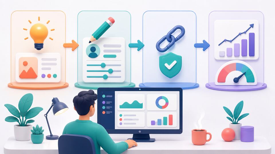 Creator workflow from an idea through optimization and link checking to performance analysis